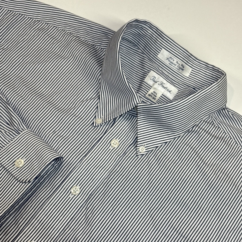 Paul Fredrick Trim Fit Two Ply Oxford Button Shirt Mens 18.5-34 Blue Long Sleeve